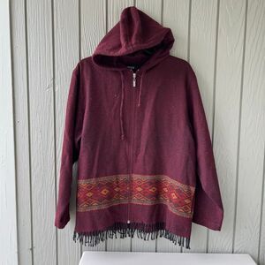 CECIL Burgundy Hooded Fringe Jacket Southwestern Geometric Boho M